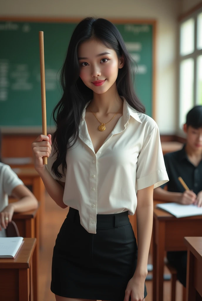 Beautiful Thai girl with smooth skin, black hair, dark brown eyes, gold pendant (medium chest), wearing Thai teacher's outfit, white short-sleeved shirt, black short skirt, slim fit, holding a small wooden stick in her hand, standing and posing in the classroom, background is a classroom, student desks and chairs, the most realistic image.