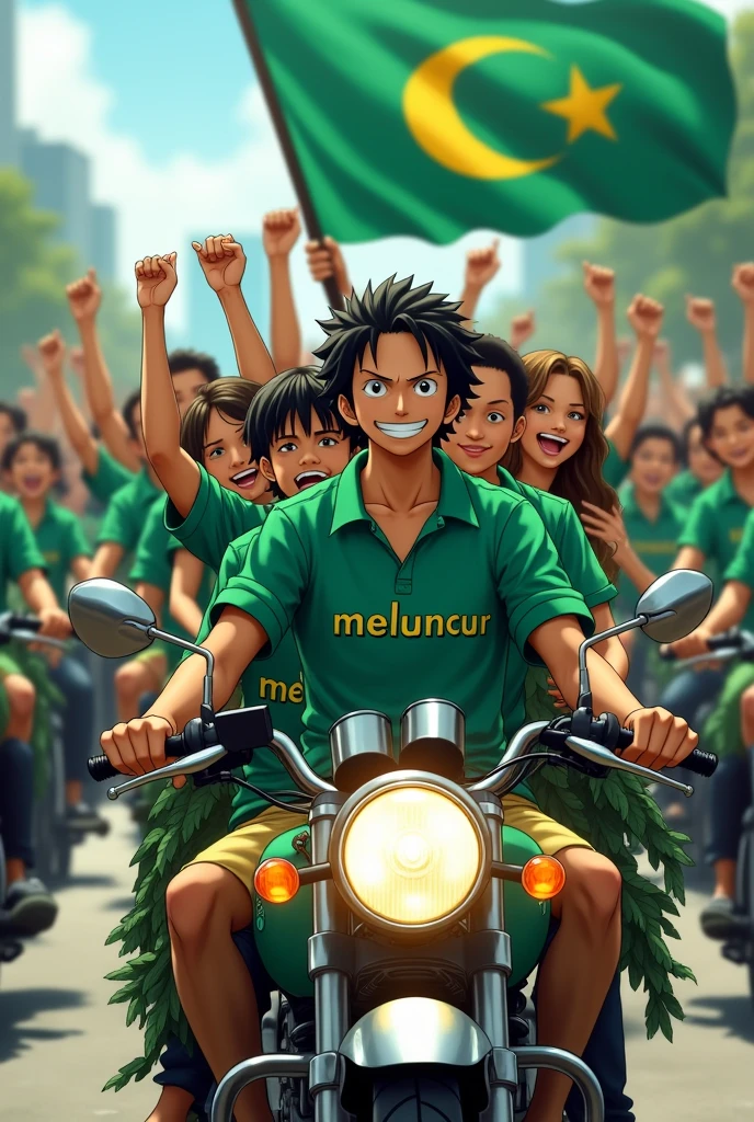 Zoro brought his squad of 100 people on a busy motorbike. all were wearing green group shirts which had the words MELUNCUR in the middle of their shirts and were equipped with the flag of the country of Sabah, all the troops were enthusiastic and all raised their left hands