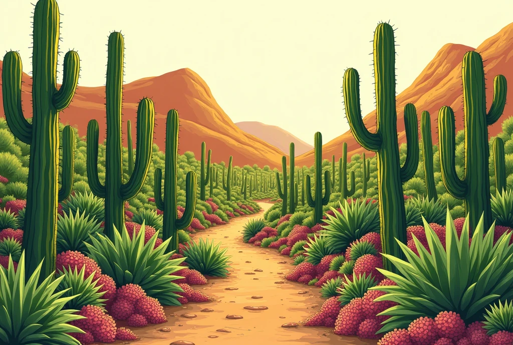 Image of the caatinga in a drawing with green cacti and pink flowers, em 2d, no path