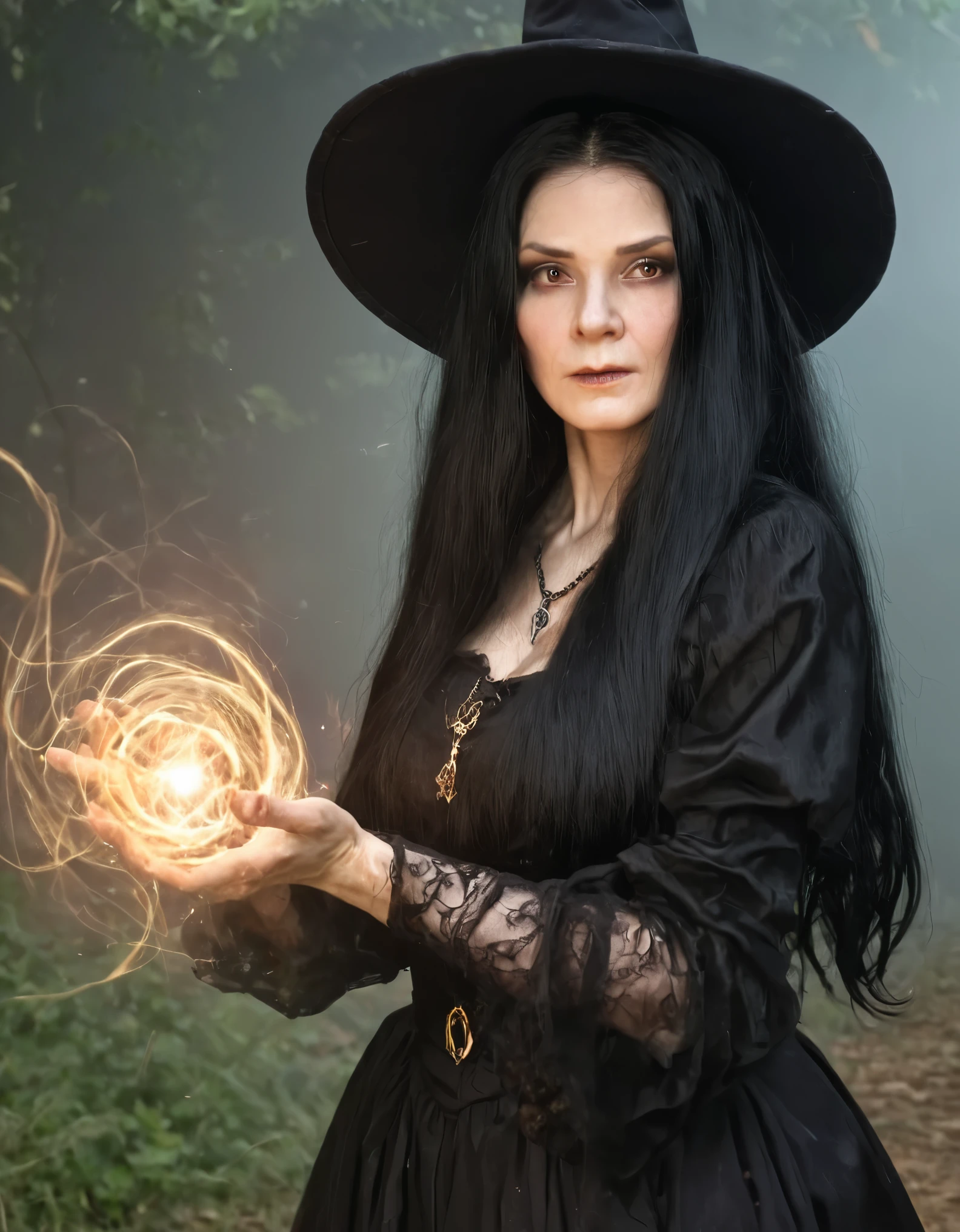 Villain, 200-year-old witch, long black hair, magic in her hands shining