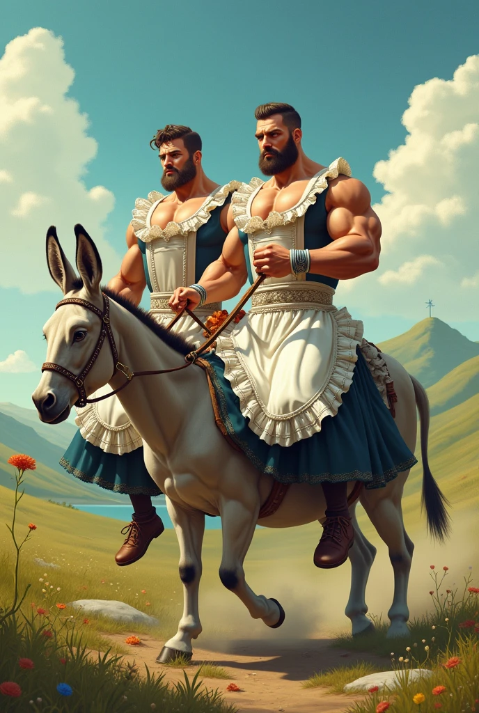 Muscular men in maid dress riding a donkey