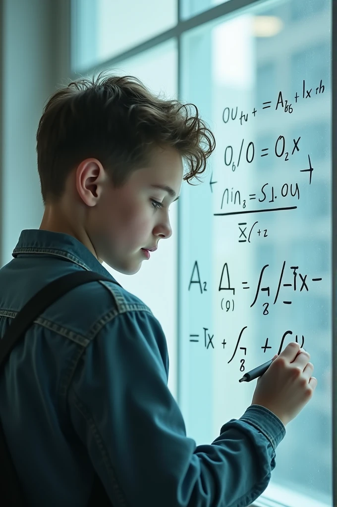 Person drawing physics equation on a transparent glass. That person is a young and side and back part is visible