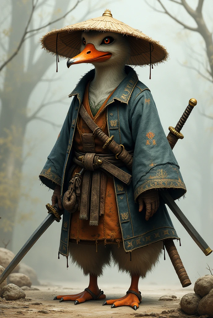 A old grey samurai duck with a tattered cloak, two sheathed blades and a straw hat