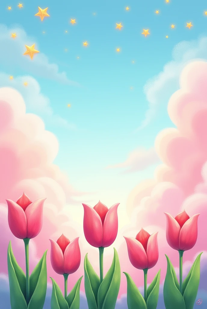 I want a row of pink 2d tulips having three petals as well as green leaves and dreamy pinkish clouds above it. Also add four handed stars with a blue sky.