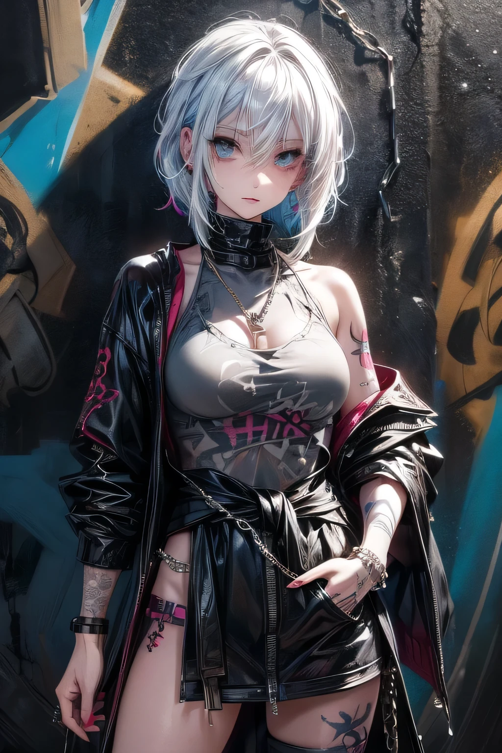 girl with vibrant white hair, covered in tattoos, proudly displaying a key-shaped earring while standing in front of a graffiti-covered wall with chains wrapped around her waist.