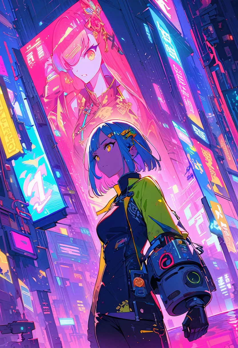 (best quality), (ultrafein), (masterpiece), Illustration, a girl,China-Costume,cyberpunk, (cyberpunk,China-Costume,Cybernetic implants),Hair Accessories, bright colours,dynamic lighting,neon lights,shining city skyline,holographic projection,Fashionable clothing of the future,a mix of traditional and modern elements,Avantgardistisches Make-up,exquisite hairstyle,Self-confidence and determination,Urban environment,Heavy rain,Reflection on wet road,Metall Textur,Mechanical Armor, gorgeous accessories,High-Tech-Gadgets,Impressive cybernetic improvements,Clear focus,Grumpy Details, Overclocked rendering, Cinematic edge light, fine light, masterpiece, super Details, epic work, Ultra-High-Definition, good quality, 32K