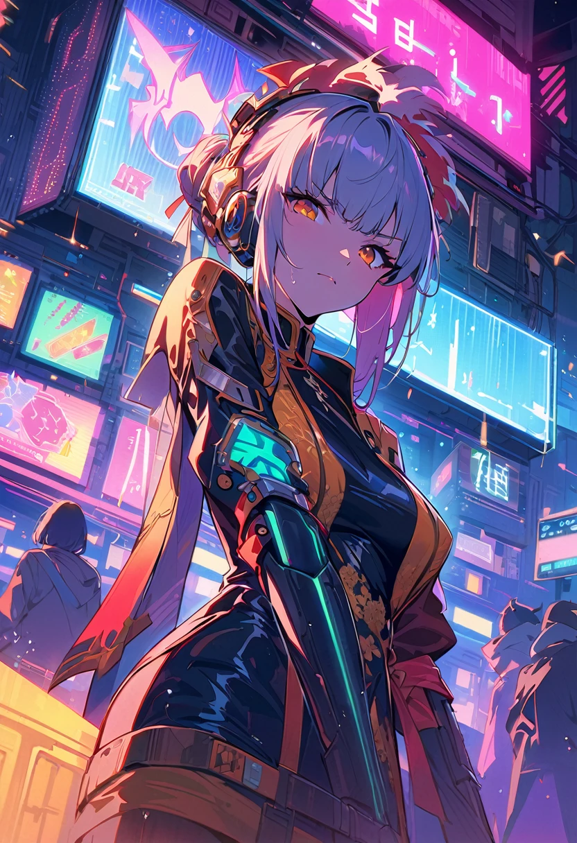 (best quality), (ultrafein), (​masterpiece), Illustration, a girl,China-Costume,cyberpunk, （cyberpunk，China-Costume，Cybernetic implants），Hair Accessories, bright colours，dynamic lighting，neon lights，shining city skyline，holographic projection，Fashionable clothing of the future，a mix of traditional and modern elements，Avantgardistisches Make-up，exquisite hairstyle，Self-confidence and determination，Urban environment，Heavy rain，Reflection on wet road，Metall Textur，Mechanical Armor, gorgeous accessories，High-Tech-Gadgets，Impressive cybernetic improvements，Clear focus，Grumpy Details, Overclocked rendering, Cinematic edge light, fine light, ​masterpiece, super Details, epic work, Ultra-High-Definition, good quality, 32K