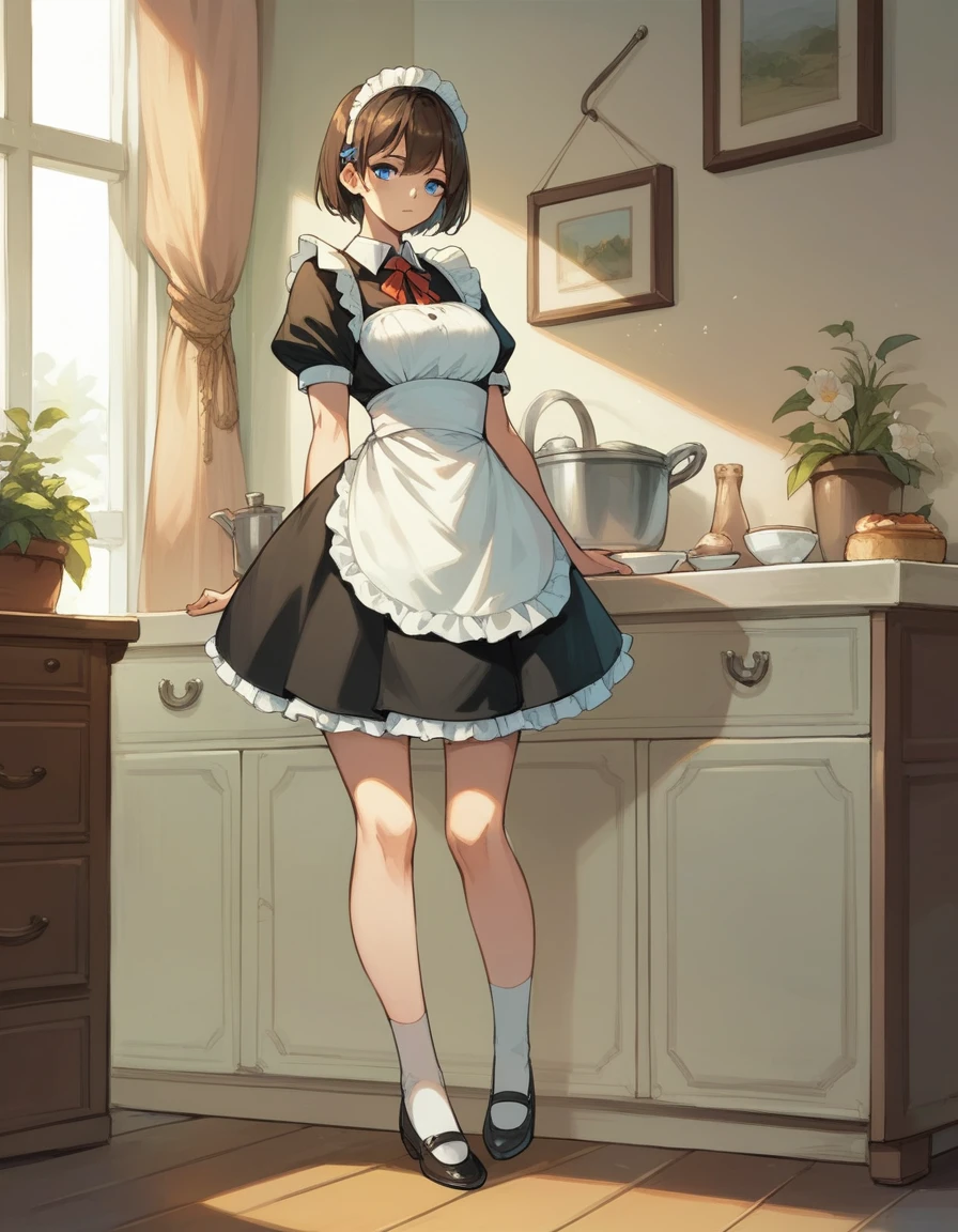 Sexy maid,brown short hair ,blue eyes, making breakfast,comic, full body,3 frame comic