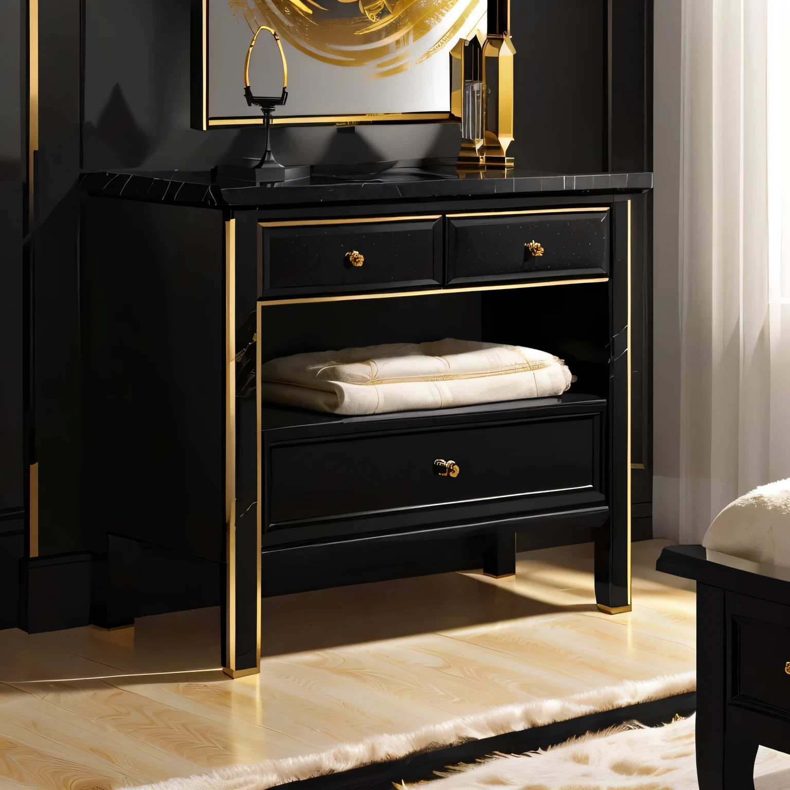 there is a black dresser with a mirror and a white blanket, black furniture, onyx, detailed zoom photo, black marble and gold, carbon black and antique gold, king, black and gold colors, gold and black color scheme, h 7 0 4, delicate detailing golden stroke, vanta black, victoria, ebony, black and gold rich color, rendered in corona