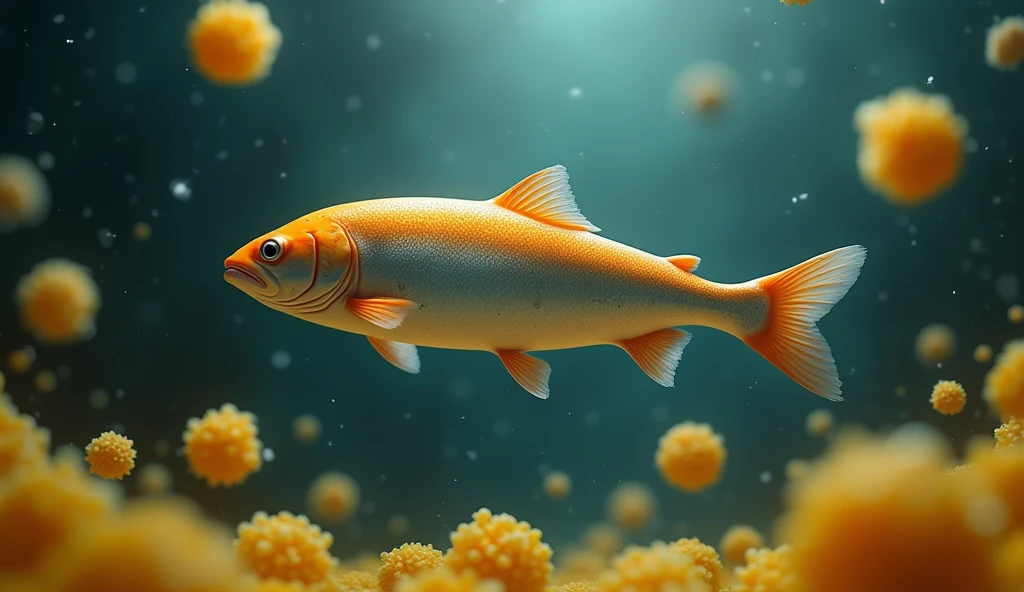There is a shadow、Fish salmon、Salmon has small black spots on its body、There is a lot of yellow tapioca around the salmon.、There are no humans