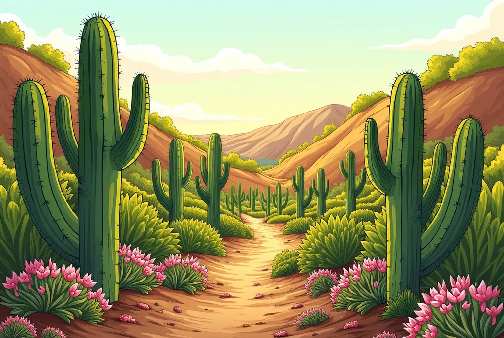 Image of the caatinga in a drawing with green cacti and pink flowers, em 2d, no path
