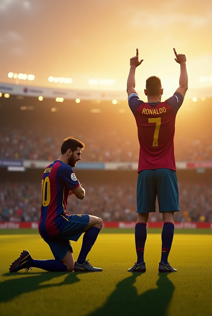 Messi kneel down and ronaldo celebrate siuuu in footbal arena sunset ronaldo jersey number 7