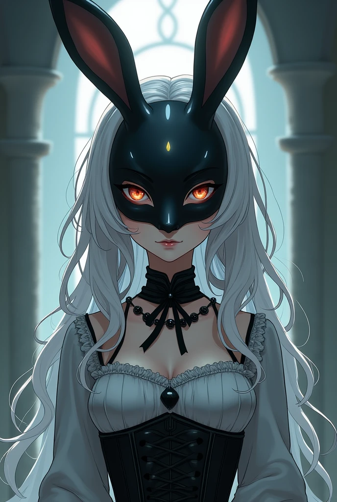 create a white haired anime girl, with wavy hair, pale skin, On his face he has a rabbit mask, black porcelain rabbit mask, dressed in a medieval corset, with black medieval clothing, anime style