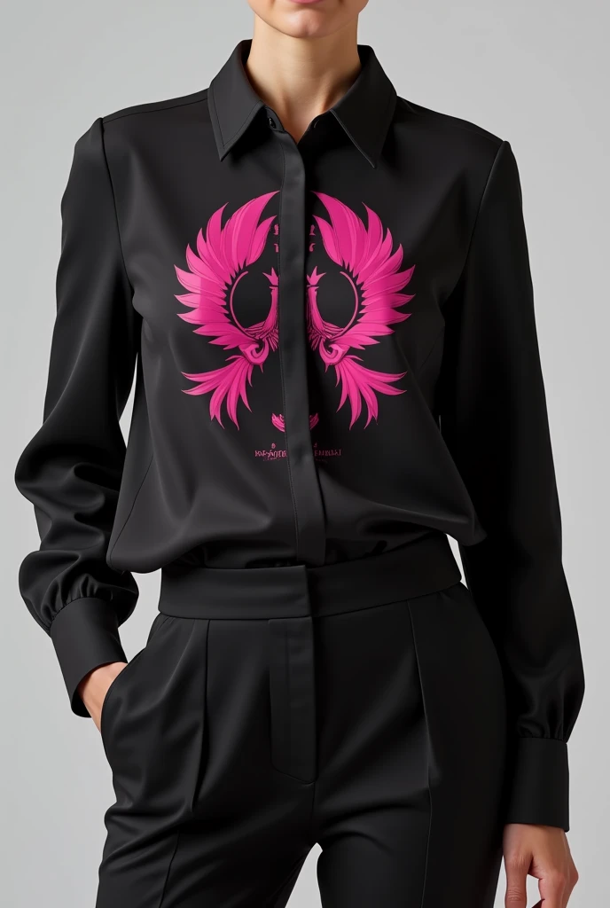 Create a black blouse with the name Phoenix global meeting of women of the color pink