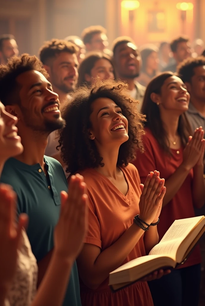 "Create a realistic image of a joyful worship service with people happily engaged in prayer. Show a diverse group of individuals, including men, women, and children, gathered in a warm and welcoming setting such as a church or community center. Their faces should express deep happiness and devotion, with some raising their hands or holding their hands together in prayer. The atmosphere should be vibrant and uplifting, with soft, warm lighting that creates a sense of community and spiritual connection. Include elements like open hymn books, candles, or a simple altar to enhance the worship environment. The overall tone should reflect a genuine, heartfelt celebration of faith and togetherness."













































































