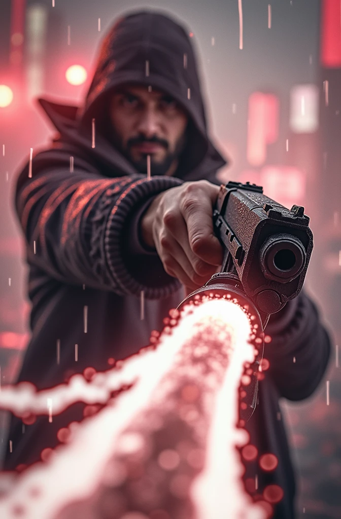 pointing a gun at the camera, with a background of rain and a dark, blurry city, dark and saturated