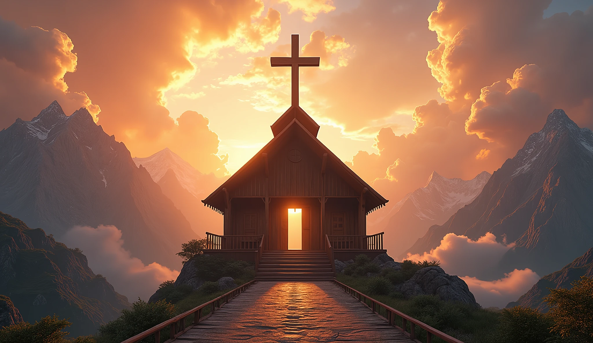 (photorealism:1.2), inside of a chapel set up to see a sunrise sun, light colors, in the style of mountainous vistas with huge cloud, wooden chapel, big cross in the middle, centered, storm in the background , shot on 8k red camera, still from a movie