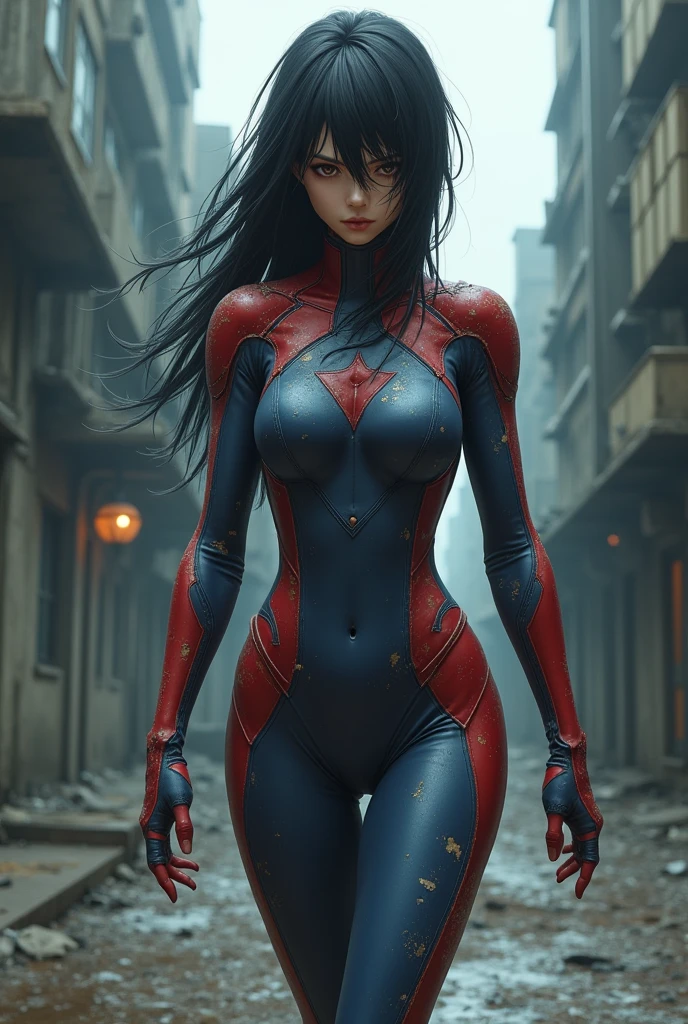 A young, beautiful Japanese female hero, her heroic suit tattered and torn, returns to her base with a somber, defeated expression after her crushing loss against a terrifying enemy. Her face is etched with a mix of determination, exhaustion and a hint of fear, reflecting the gravity of her failed mission. Her long, dark hair is disheveled and partially obscuring her weary features. Despite her battered appearance, there is an underlying strength and resilience in her posture as she trudges onward. The once vibrant colors of her suit have faded, the fabric hanging loosely on her slender frame. The background is a desolate, industrial landscape, with crumbling buildings and a gloomy, overcast sky casting long shadows. The hero's footsteps echo through the empty streets, amplifying the sense of isolation and despair. The lighting is moody and dramatic, casting deep shadows and highlights that accentuate the heroine's conflicted emotions. (1.4)young, beautiful Japanese female hero, (1.3)tattered, torn heroic suit, (1.4)somber, defeated expression, (1.3)determination, exhaustion, fear, (1.3)long, dark disheveled hair, (1.3)underlying strength, resilience, (1.3)faded, loose-fitting suit, (1.3)desolate, industrial landscape, (1.3)crumbling buildings, gloomy overcast sky, (1.3)echoing footsteps, (1.4)moody, dramatic lighting, deep shadows, highlights Break, (1.2)crushing loss, (1.2)failed mission, (1.2)sense of isolation, despair