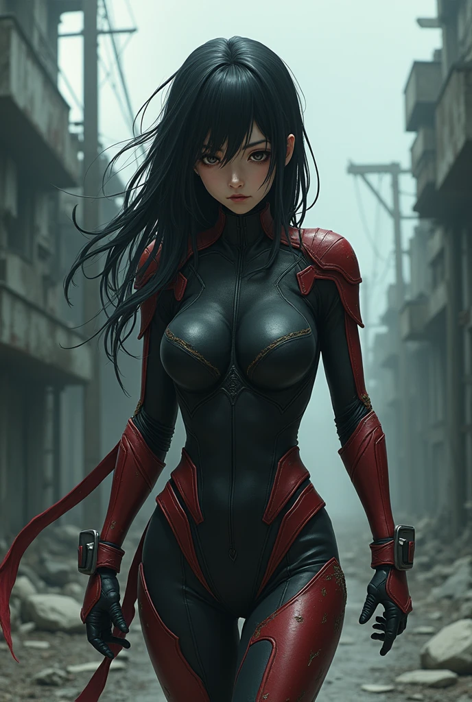 A young, beautiful Japanese female hero, her heroic suit tattered and torn, returns to her base with a somber, defeated expression after her crushing loss against a terrifying enemy. Her face is etched with a mix of determination, exhaustion and a hint of fear, reflecting the gravity of her failed mission. Her long, dark hair is disheveled and partially obscuring her weary features. Despite her battered appearance, there is an underlying strength and resilience in her posture as she trudges onward. The once vibrant colors of her suit have faded, the fabric hanging loosely on her slender frame. The background is a desolate, industrial landscape, with crumbling buildings and a gloomy, overcast sky casting long shadows. The hero's footsteps echo through the empty streets, amplifying the sense of isolation and despair. The lighting is moody and dramatic, casting deep shadows and highlights that accentuate the heroine's conflicted emotions. (1.4)young, beautiful Japanese female hero, (1.3)tattered, torn heroic suit, (1.4)somber, defeated expression, (1.3)determination, exhaustion, fear, (1.3)long, dark disheveled hair, (1.3)underlying strength, resilience, (1.3)faded, loose-fitting suit, (1.3)desolate, industrial landscape, (1.3)crumbling buildings, gloomy overcast sky, (1.3)echoing footsteps, (1.4)moody, dramatic lighting, deep shadows, highlights Break, (1.2)crushing loss, (1.2)failed mission, (1.2)sense of isolation, despair