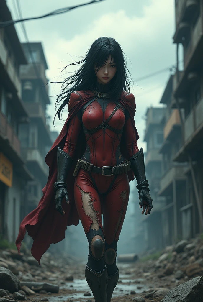 A young, beautiful Japanese female hero, her heroic suit tattered and torn, returns to her base with a somber, defeated expression after her crushing loss against a terrifying enemy. Her face is etched with a mix of determination, exhaustion and a hint of fear, reflecting the gravity of her failed mission. Her long, dark hair is disheveled and partially obscuring her weary features. Despite her battered appearance, there is an underlying strength and resilience in her posture as she trudges onward. The once vibrant colors of her suit have faded, the fabric hanging loosely on her slender frame. The background is a desolate, industrial landscape, with crumbling buildings and a gloomy, overcast sky casting long shadows. The hero's footsteps echo through the empty streets, amplifying the sense of isolation and despair. The lighting is moody and dramatic, casting deep shadows and highlights that accentuate the heroine's conflicted emotions. (1.ung, beautiful Japanese female hero, (1.3)tattered, torn heroic suit, (1.4)somber, defeated expression, (1.3)determination, exhaustion, fear, (1.3)long, dark disheveled hair, (1.3)underlying strength, resilience, (1.3)faded, loose-fitting suit, (1.3)desolate, industrial landscape, (1.3)crumbling buildings, gloomy overcast sky, (1.3)echoing footsteps, (1.4)moody, dramatic lighting, deep shadows, highlights Break, (1.2)crushing loss, (1.2)failed mission, (1.2)sense of isolation, despair