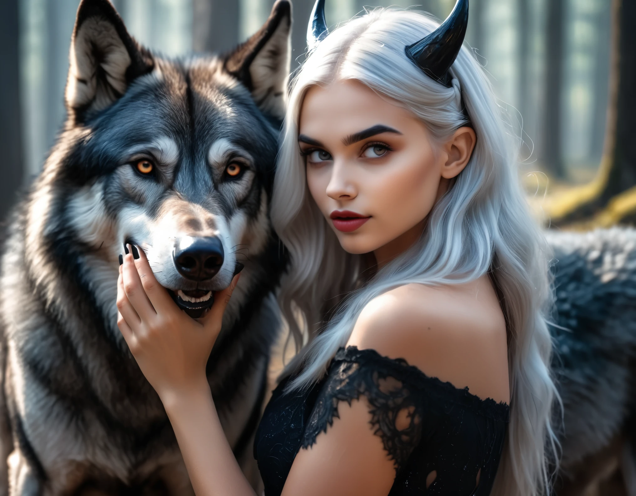 Beautiful and perfect professional 8k uhd photography, sharp focus, In a stunning fantasy world., A cute 20-year-old silver-haired girl has black devil horns and beautiful hands., 1 girl and a mysterious giant wolf, radiant with joy, In bright natural light