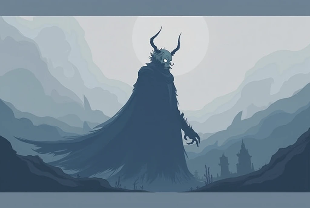 A figure like a shadow, He has a dark tunic like the night that covers his neck to the soles of his feet., He has a helmet that looks like a cadaverous skull that does not allow his face to be seen. In turn, his helmet has reliefs or horns that simulate a crown. Also, only a faint white light from his pupil can be seen in the dark socket of his eyes., has an upright posture, He has dark armor with cadaveric faces and embedded bones as full body armor..