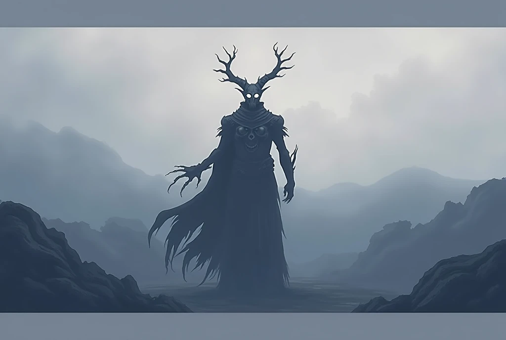 A figure like a shadow, He has a dark tunic like the night that covers his neck to the soles of his feet., He has a helmet that looks like a cadaverous skull that does not allow his face to be seen. In turn, his helmet has reliefs or horns that simulate a crown. Also, only a faint white light from his pupil can be seen in the dark socket of his eyes., has an upright posture, He has dark armor with cadaveric faces and embedded bones as full body armor..