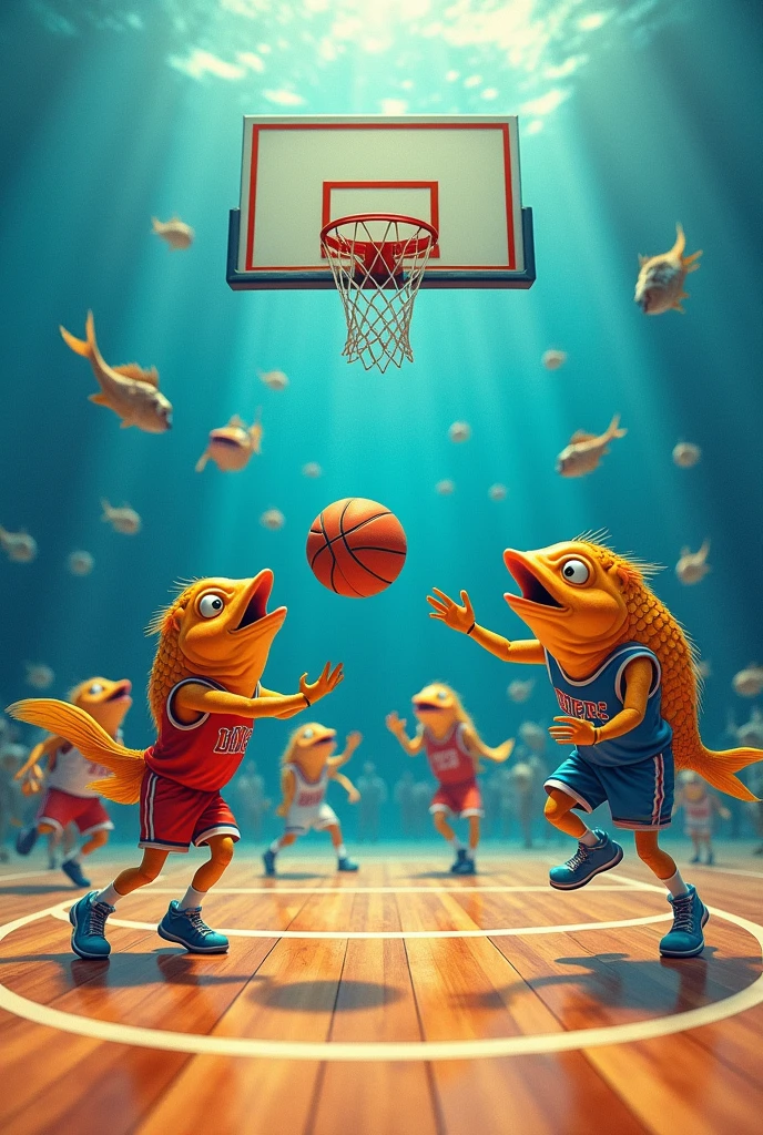 "Draw a detailed picture of several fish playing basketball on a court. The fish must be wearing colorful basketball clothes, like shirts and shorts, and some of them must be holding or dribbling the basketball. The court must have playing lines and a basket with a net. Add some funny details too, like fish making expressions

