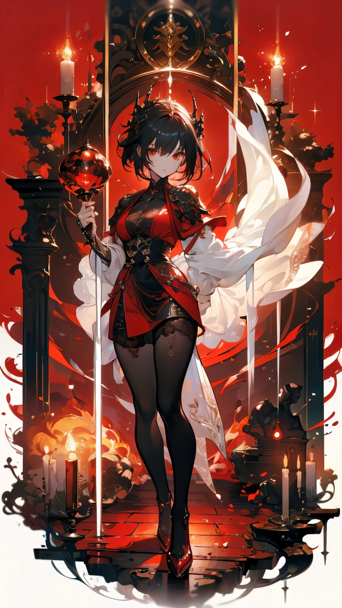 ((masterpiece, best quality)), Epic battlefield atmosphere,The Demon King Brave,Flame Surround,Ashes of Heaven,A meticulous face,Standing image,Perfect body proportions,Long legs,Stylish short hair,Beautiful red eyes,Fantasy style,White background,transparent,Sexy,Lace,Pantyhose