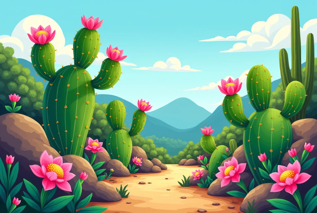 Image of the caatinga in a drawing with green cacti and pink flowers, em 2d, in Cartoon