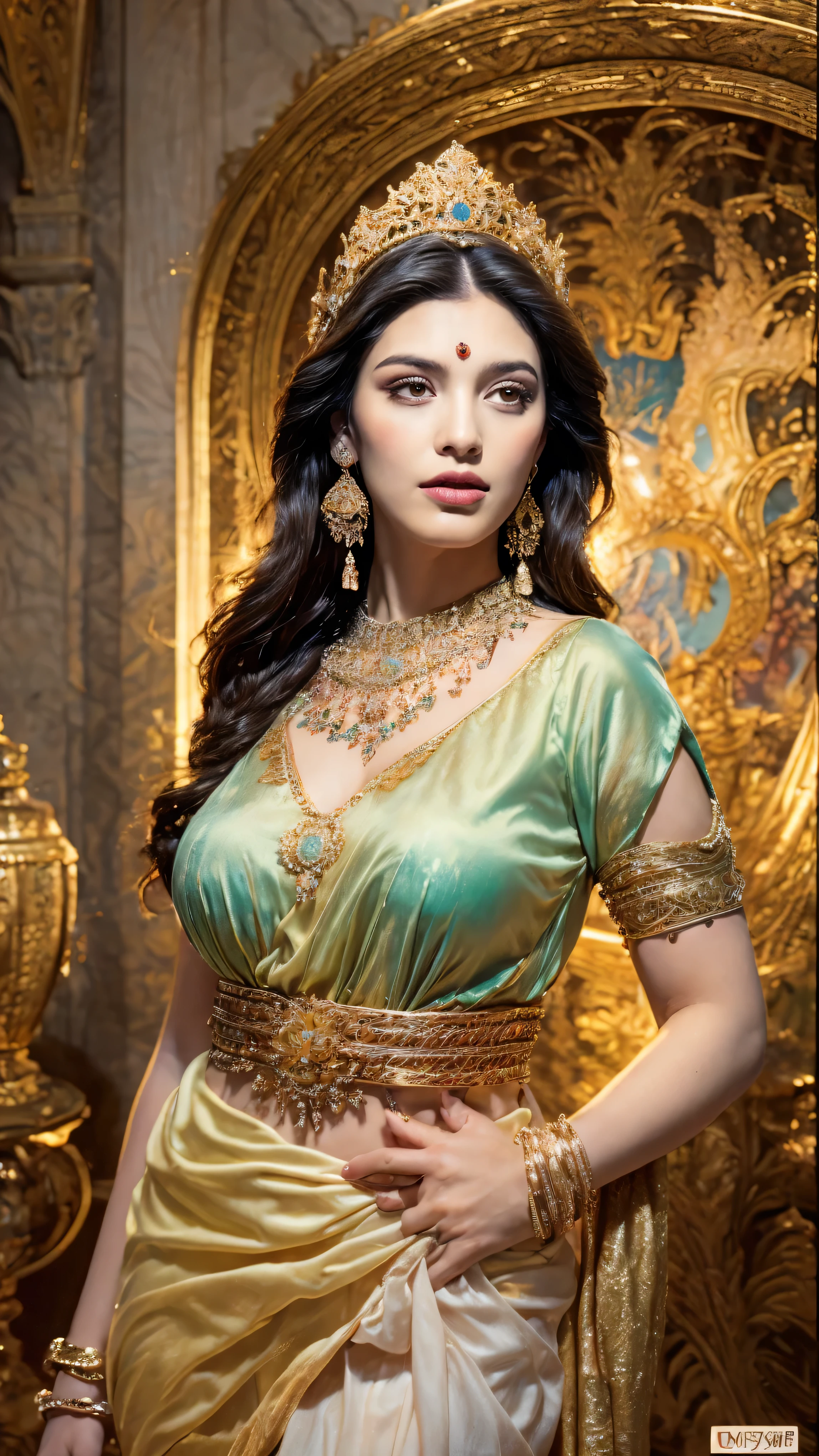 ((Best quality, 8k, Masterpiece :1.3)), Sharp focus :1.2, Generate a realistic image of a beautiful sexy Indian woman plus size body: 8.5 (masterpiece like a princess) (body like divine girl) dressed divine clothes white short skirt and print v neck blouse + belt, adorned with traditional ornaments, standing in a well-lit room with cinematic lighting. ((Front view, random elegant pose)), and there is a sense of grace and elegance in her posture. The background should complement the scene, enhancing the overall aesthetic appeal of the image. Photography by Brandon Woelfel, Full shot: Canon EF 16-35mm f/2.8L III USM lens on a Canon EOS 5D Mark IV camera, ultra realistic, 32k, HD