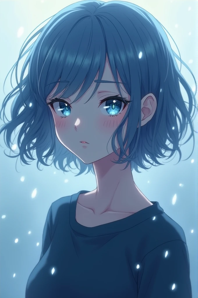 Anime girl with LAZY AND HALF LIDDED and striking blue eyes with slit pupils and pale blue hair curly hair cut in a BOYCUT

She's wearing a dark blue tunic and with droplets floating around her
Rain