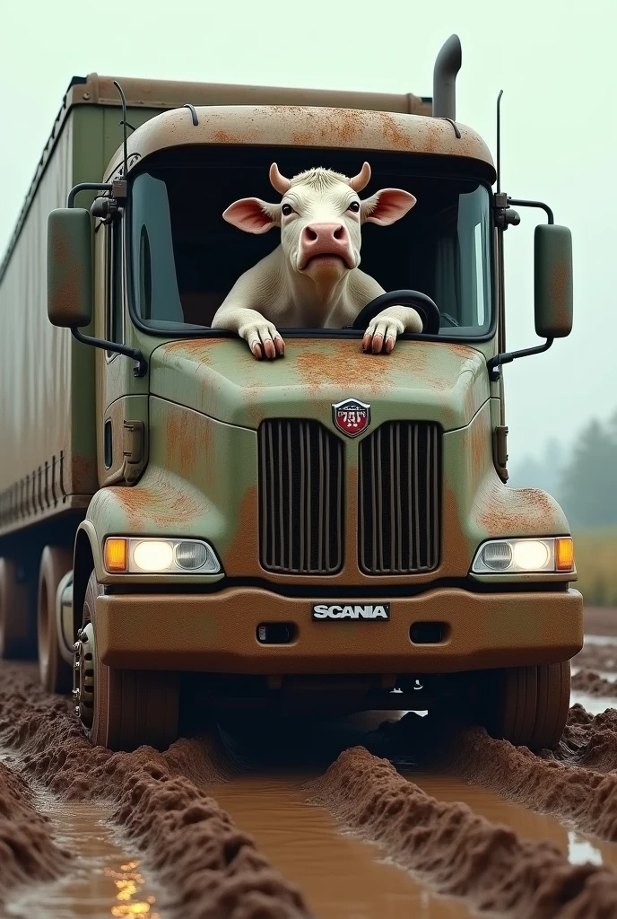 A cow driving a Scania R770 screaming blyat being stuck in a muddy road