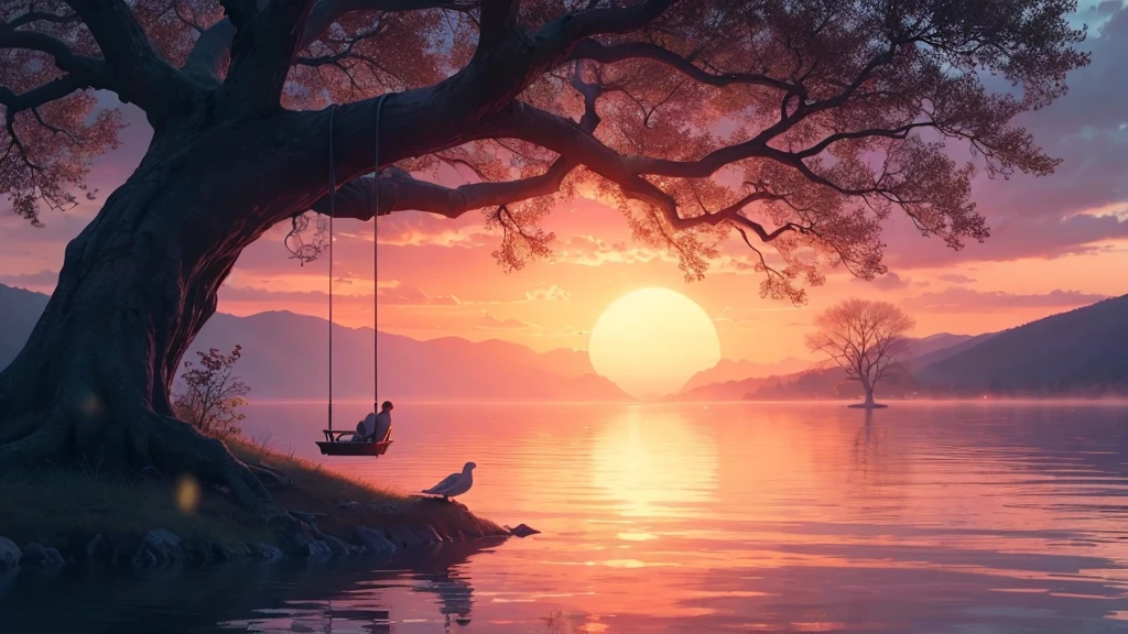 Sunset Over a Crystal Clear Lake: A stunning sunset paints the sky in hues of orange, pink, and violet, reflecting perfectly on a crystal-clear lake. On the shore, a large, ancient oak tree with sprawling branches provides a natural frame. Sparks of light fly in the air and create a magical atmosphere. A swing hangs from one of its branches, empty but gently swaying in the breeze. A couple of doves sit on the tree, their feathers ruffled by the wind, symbolizing peace and love. Dynamic pose, Strong contrast, Good depth of field, Masterpiece, Aesthetic Mystical illustration in realistic style, best quality, natural light, high res, highly detailed, All the colors and materials in this work are very harmoniously combine, Like the same color. Best quality. 8K Ultra HD. Clouds in the sky