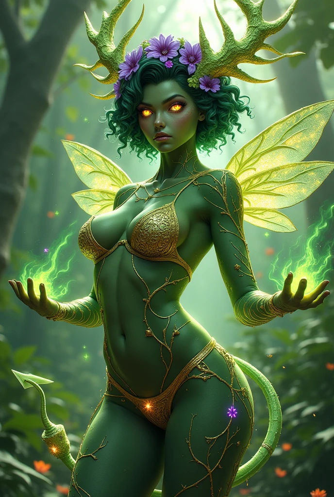 Prismatic coloration. Jungle like environment. A young Plant woman with a Deep dark green skin tone & a set of B-cup breast bearing curvaceous hips & a round but small butt. She has short leaf green curly hair stopping at the top of her neck. She is wearing a sleeveless revealing Bikini like armor exposing much of her chest area with Golden celestial designs & an otherworldly Purple flower wreath on her head. She has a serious face & a stern gaze in her sharp Starlike Glowing Golden eyes with black sclera & a heavy freckled form. She has long transparent crystal Blue antlers radiating Floral energy & a set of quaint elven ears. She has long golden vine like tattoos, glowing with Celestial red energy running all around her body accompanied by violet Star-like Marks running along them. She has a small cute nose. She has large Transparent Golden Bee like wings with a starlike pattern & a long demon-like arrow-tipped tail .She is seen in a battle stance summoning verdant green Starlight magic from her fingertips