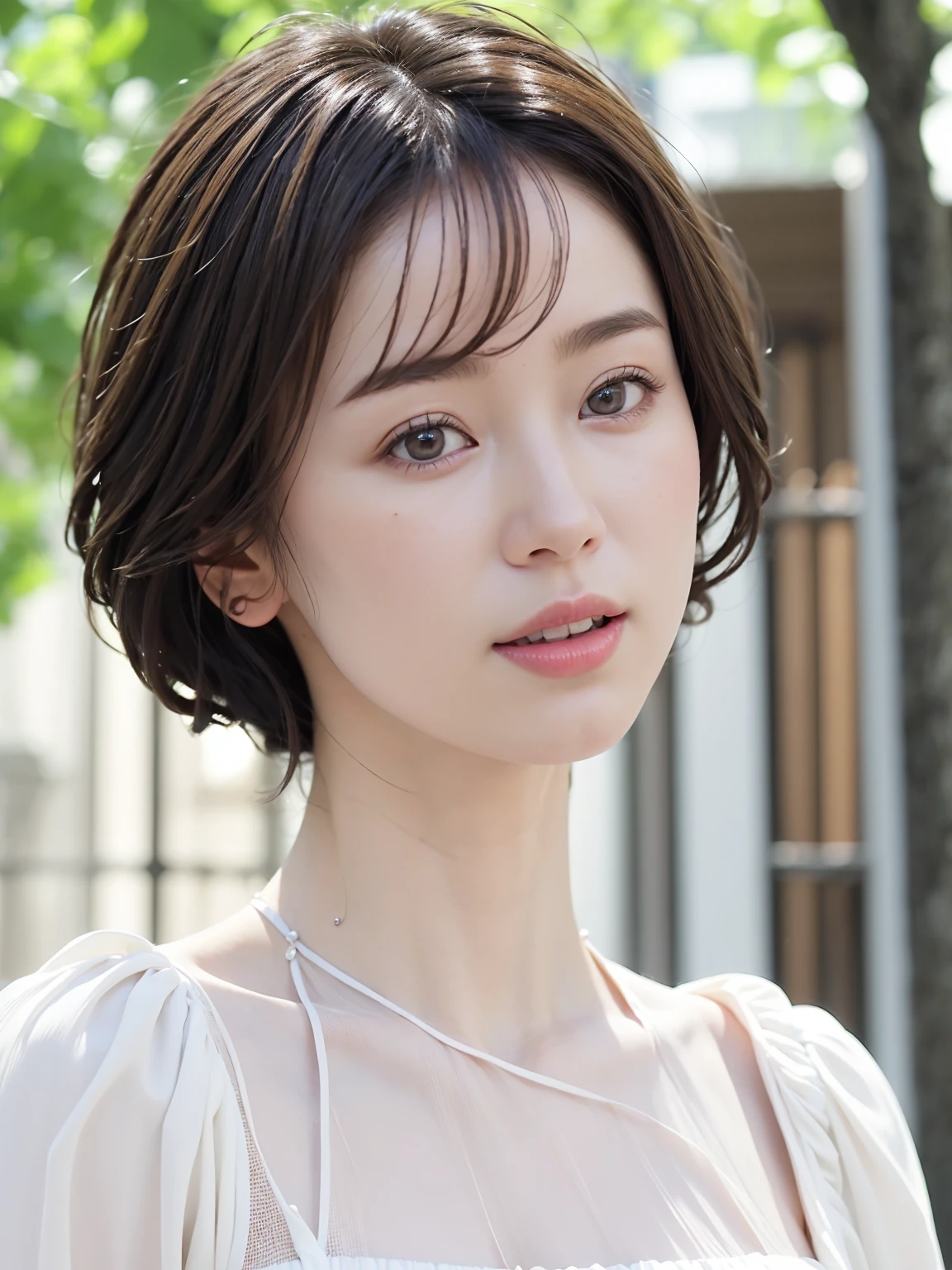(masterpiece:1.3), (8k, Realistic, RAW Photos, Highest quality: 1.4), Cinema Lighting、(One mature woman), Beautiful Face, (Realistic Face), (Black Hair, short hair:1.3), Beautiful hairstyle, Realistic eyes, Beautiful attention to detail, Shining eyes、Japanese Model、Bust Shot、(Realistic Skin), Beautiful white skin, (Thin blouse、Sheer), delicate textures、Absurd, Charm, Ultra-high resolution, Ultra-realistic, Very detailed, Golden Ratio、Energetic、Flames of Passion