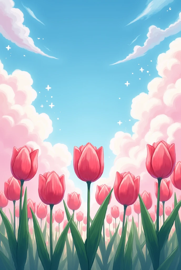 I want a row of pink 2d tulips having three petals as well as green leaves and dreamy pinkish clouds above it. Also add four handed stars with a blue sky. Make the pic like anime.