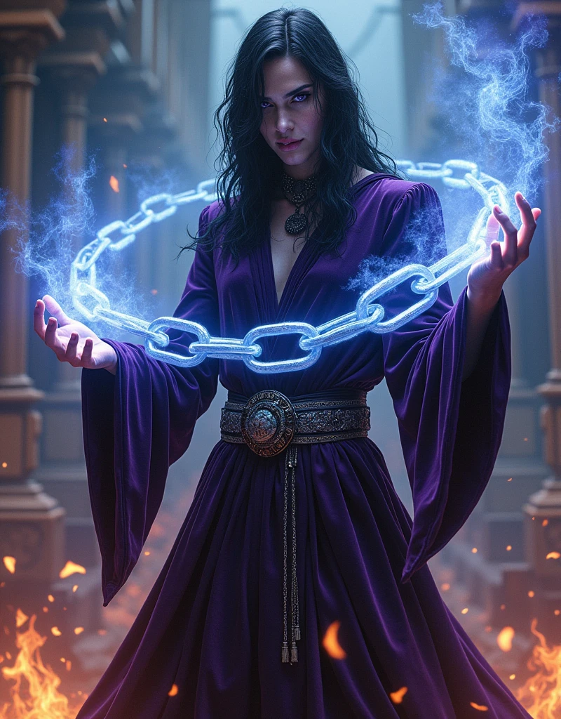 photo of a sorcerer casting magic, the left hand grasp a massive chain with ice effect, right hand grasp a massive chain with fire effect, she wearing a dark violet tunic made from velvet, she has long messy black hair and purple eyes, the chain is floating in the air, cinematic lighting, vidid light, photo focus on the chains, accurate chains
