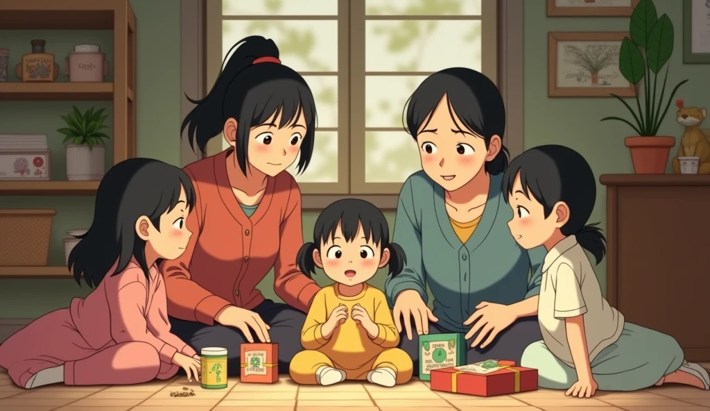 A warm and nostalgic Studio Ghibli scene showing a family with two daughters and a son. The parents, looking tired but loving, focus all their attention on their youngest daughter, Sofia, who is sitting in the center surrounded by the best, such as gifts and medical treatments. In the background, a girl and a , a little forgotten, observe the scene with a gentle smile, feeling distant but receptive. The atmosphere is cozy, with soft lighting, giving a feeling of bittersweet warmth.