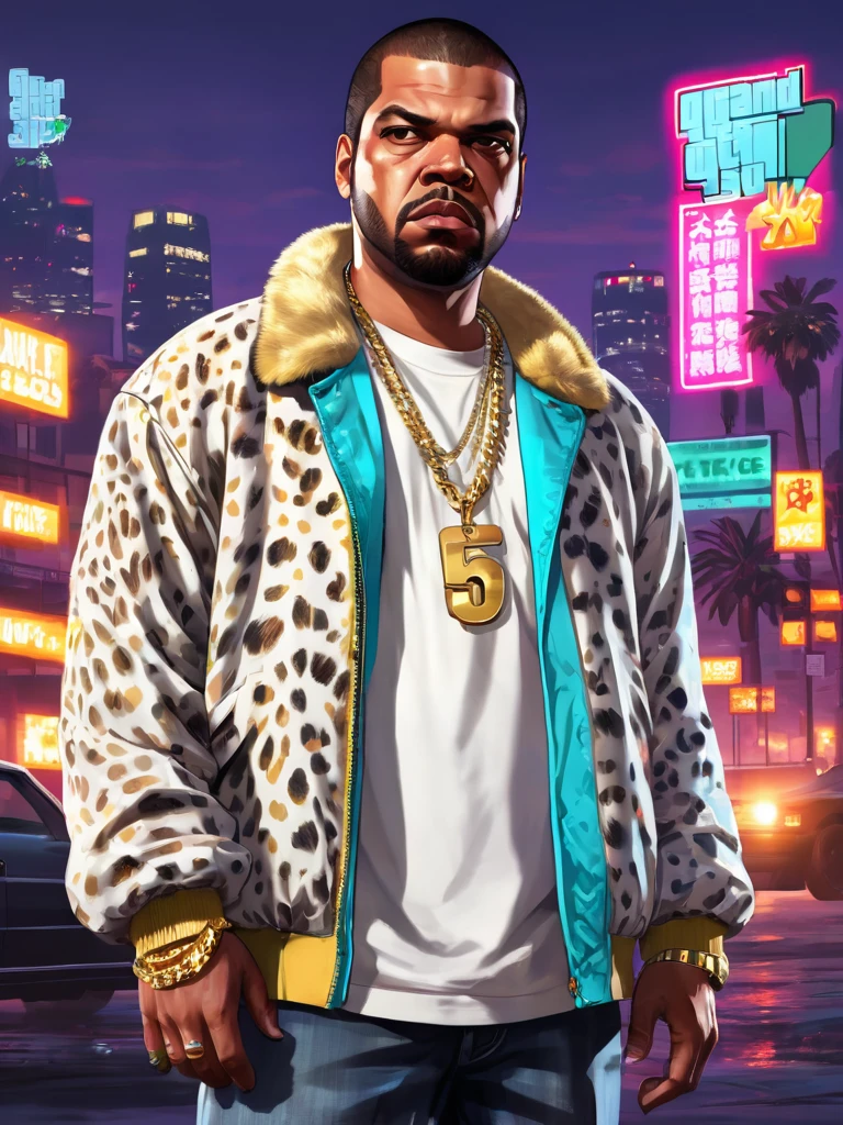 Illustration, digital art, (Gta 5 style:1.4), bright colors, (cartoon style:1.2), glamorous style, best quality, holistic, high detail, serious man, ice cube, in white cheetah jacket, gold chain, against a large night metropolis, neon lighting, soft light