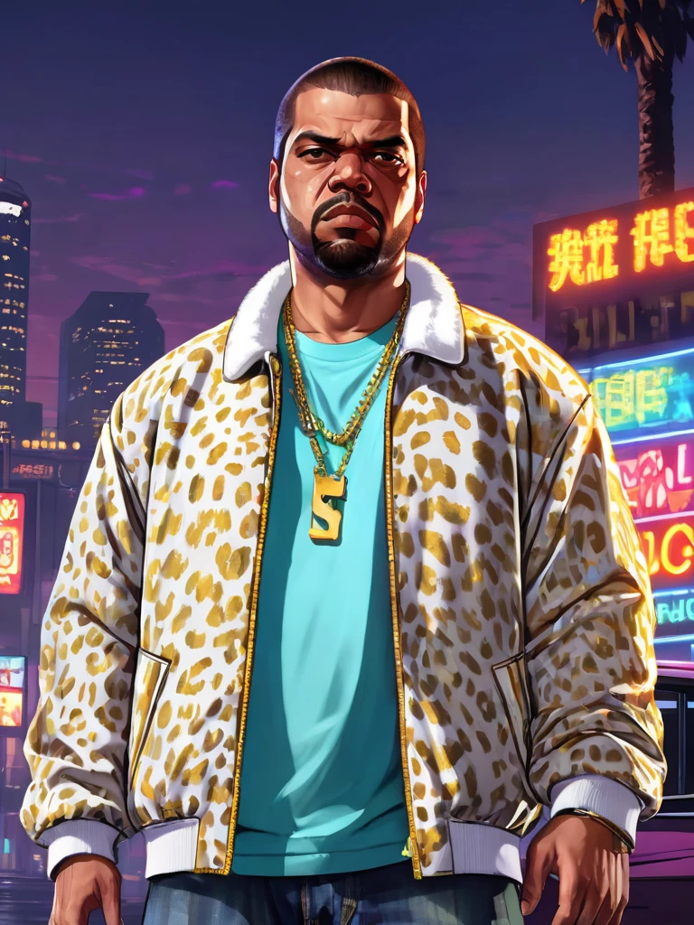 Illustration, digital art, (Gta 5 style:1.4), bright colors, (cartoon style:1.2), glamorous style, best quality, holistic, high detail, serious man, ice cube, in white cheetah jacket, gold chain, against a large night metropolis, neon lighting, soft light