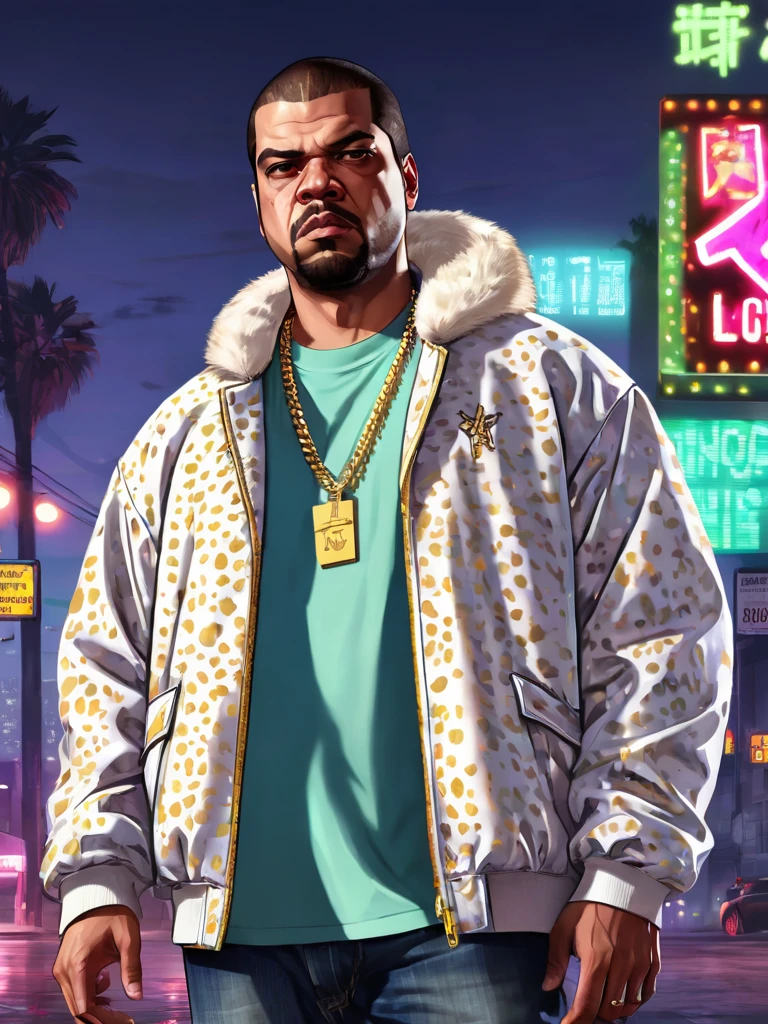 Illustration, digital art, (Gta 5 style:1.4), bright colors, (cartoon style:1.2), glamorous style, best quality, holistic, high detail, serious man, ice cube, in white cheetah jacket, gold chain, against a large night metropolis, neon lighting, soft light