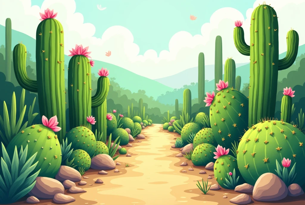 Image of the caatinga in a drawing with green cacti and pink flowers, em 2d, in Cartoon, without a path
