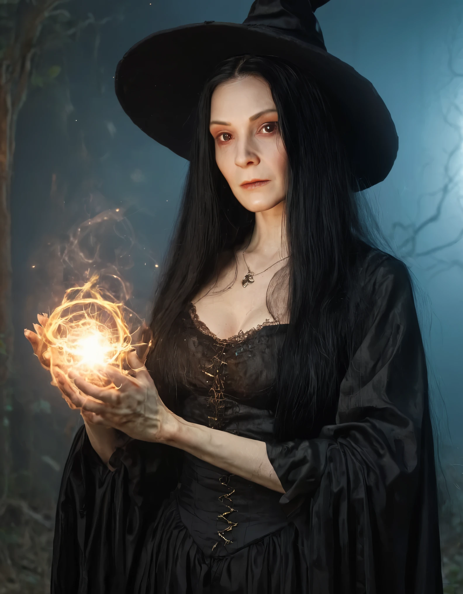 Villain, 200-year-old witch, long black hair, magic in her hands shining