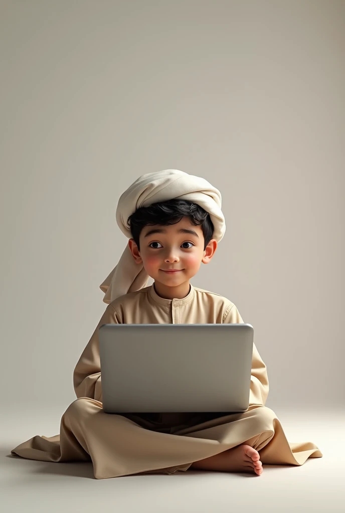 An 1 boy in a hat, wearing a jubba, sitting on a chair, with a laptop on a table in front, studio background behind.