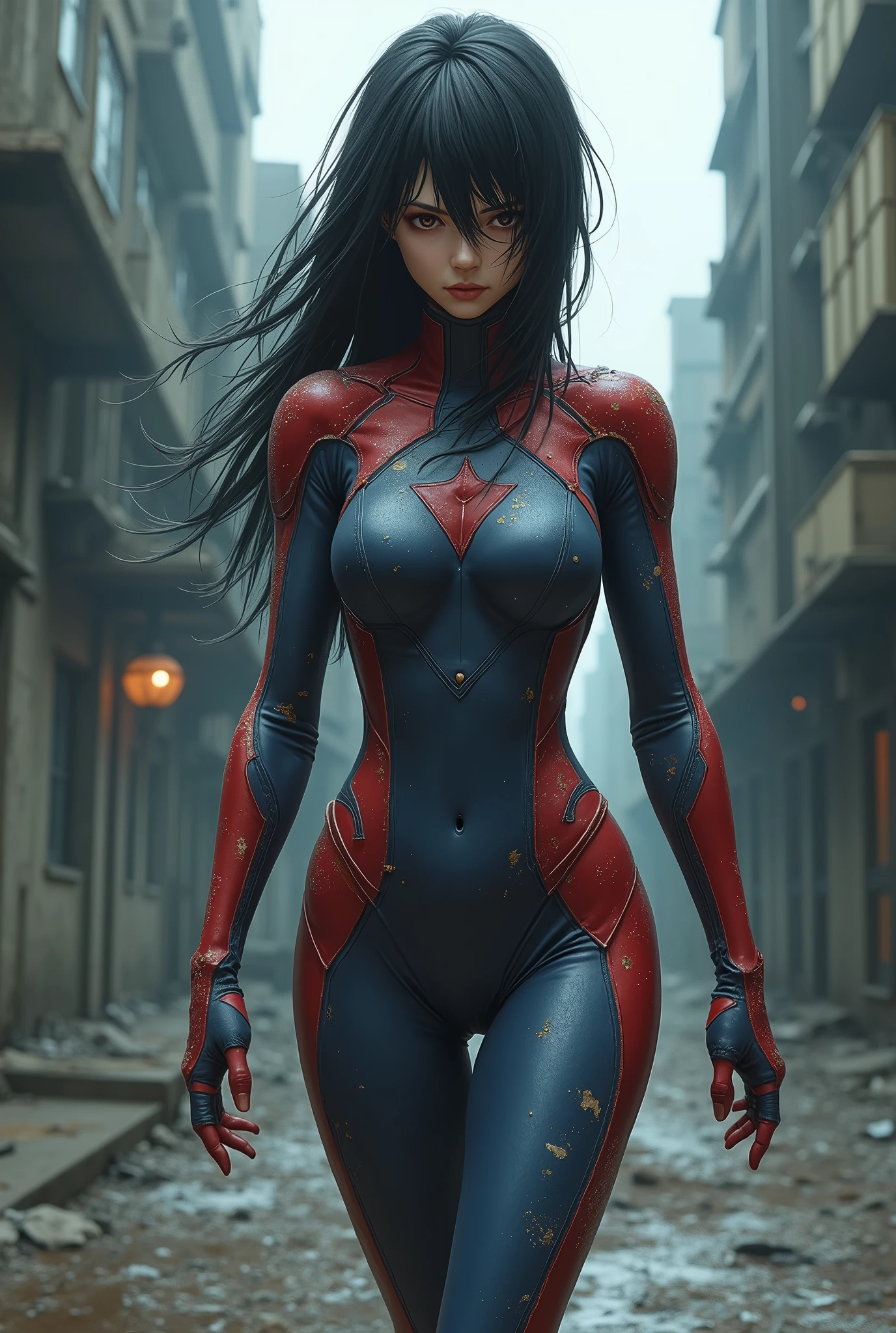 A young, beautiful Japanese female hero, her heroic suit tattered and torn, returns to her base with a somber, defeated expression after her crushing loss against a terrifying enemy. Her face is etched with a mix of determination, exhaustion and a hint of fear, reflecting the gravity of her failed mission. Her long, dark hair is disheveled and partially obscuring her weary features. Despite her battered appearance, there is an underlying strength and resilience in her posture as she trudges onward. The once vibrant colors of her suit have faded, the fabric hanging loosely on her slender frame. The background is a desolate, industrial landscape, with crumbling buildings and a gloomy, overcast sky casting long shadows. The hero's footsteps echo through the empty streets, amplifying the sense of isolation and despair. The lighting is moody and dramatic, casting deep shadows and highlights that accentuate the heroine's conflicted emotions. (1.4)young, beautiful Japanese female hero, (1.3)tattered, torn heroic suit, (1.4)somber, defeated expression, (1.3)determination, exhaustion, fear, (1.3)long, dark disheveled hair, (1.3)underlying strength, resilience, (1.3)faded, loose-fitting suit, (1.3)desolate, industrial landscape, (1.3)crumbling buildings, gloomy overcast sky, (1.3)echoing footsteps, (1.4)moody, dramatic lighting, deep shadows, highlights Break, (1.2)crushing loss, (1.2)failed mission, (1.2)sense of isolation, despair