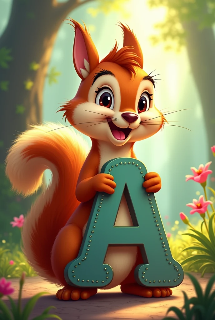 a squirrel holding the letter a, with Disney animated design