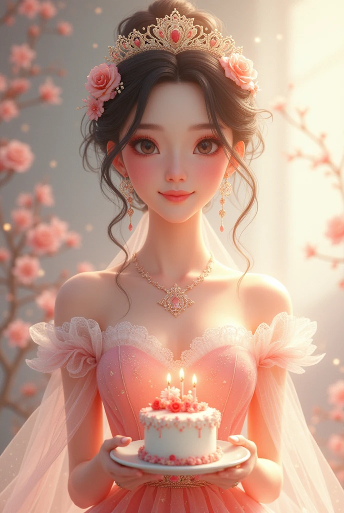 happy birthday card for my elder sister with a cake in her hand and looking like a beautiful white skin  and young princess with a message in the background "happy birthday my beautiful sister"