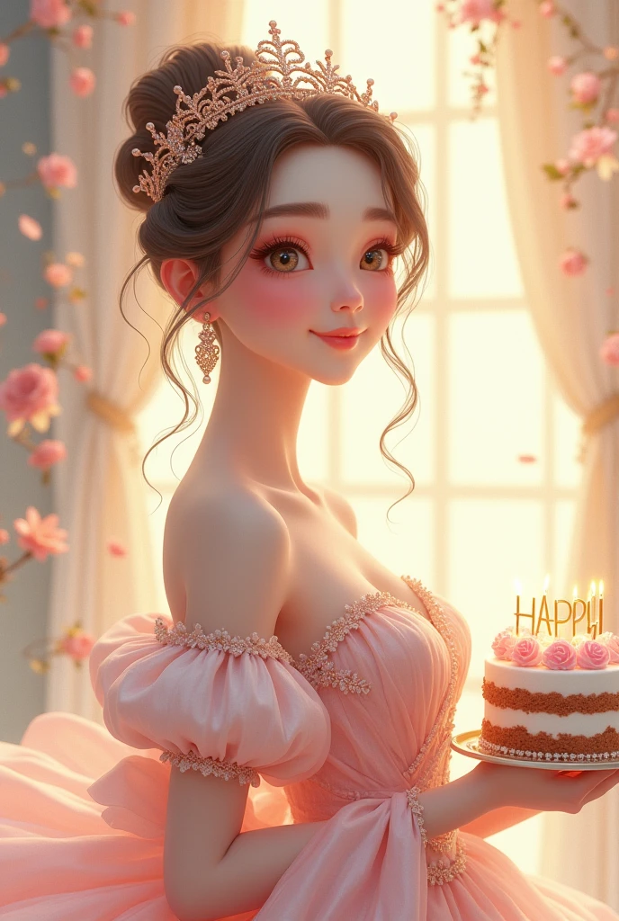 happy birthday card for my elder sister with a cake in her hand and looking like a beautiful white skin and young princess with a message in the background "happy birthday my beautiful sister"