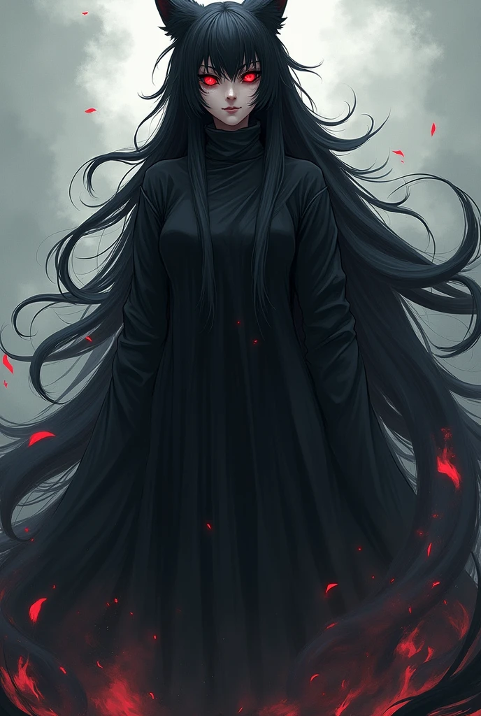 Create a female jujutsu kaisen oc, long black fur, red and sleepy eyes, no ears
